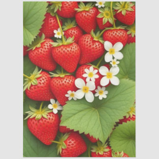Red Strawberry With White Flowers & Green Leaves Tissue Paper