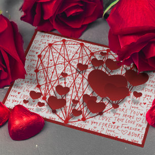 Red String Hearts on Love Words Valentines Day Holiday Postcard