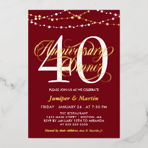 Red String-Lights 40th Wedding Anniversary Dinner Foil Invitation