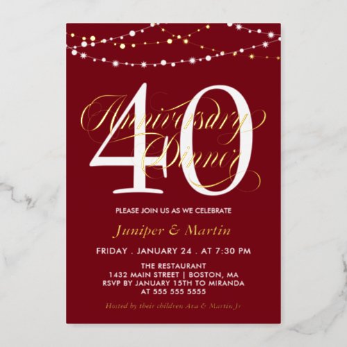 Red String_Lights 40th Wedding Anniversary Dinner Foil Invitation