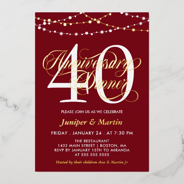 Red String-Lights 40th Wedding Anniversary Dinner Foil Invitation (Front)
