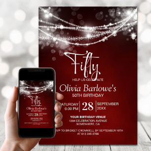 Red String Lights 50th Birthday Party Invitation