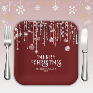 Red String Lights Christmas Party Paper Plates