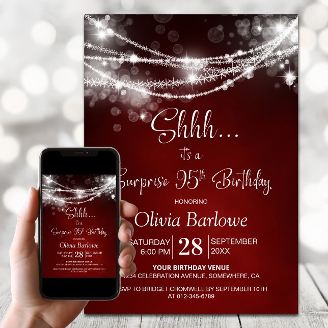 Red String Lights Surprise 95th Birthday Party Invitation (Creator Uploaded)