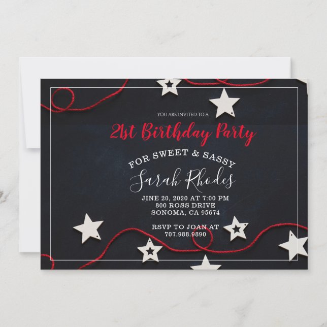 Red String & Stars Sweet Sassy 21st Birthday Invitation (Front)