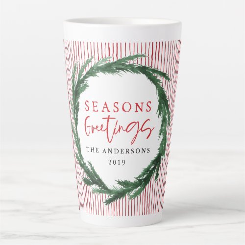 Red stripe and watercolour wreath Christmas Latte Mug