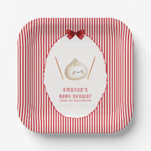 Red Stripe Bow Asian Dumpling Baby Shower Paper Plates