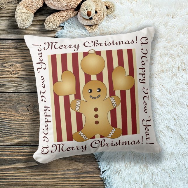 Red Stripe Christmas Cookie Cute Gingerbread Man Throw Pillow (Creator Uploaded)