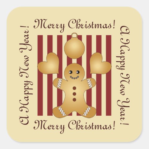 Red Stripe Cute Gingerbread Man Christmas Square Sticker