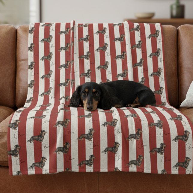 Red Stripe Dachshund Pet Name Fleece Blanket (Get cozy with this "Custom Red Stripe Dachshund Pet Name Fleece Blanket"!)
