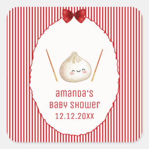 Red Stripe Girl Bow Asian Dumpling Baby Shower Square Sticker