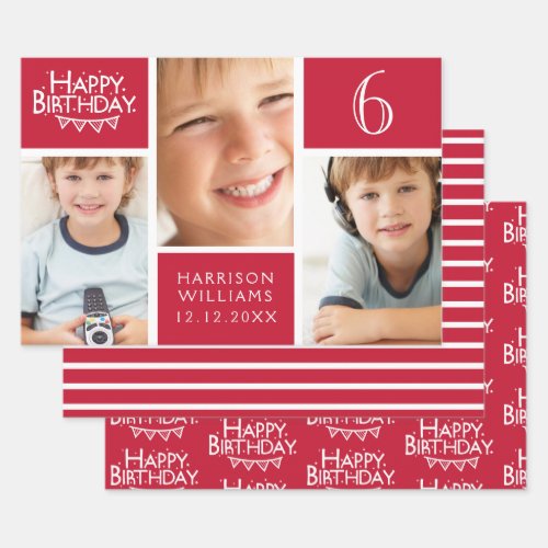 Red Stripe Happy Birthday Bunting Photo Wrapping Paper Sheets