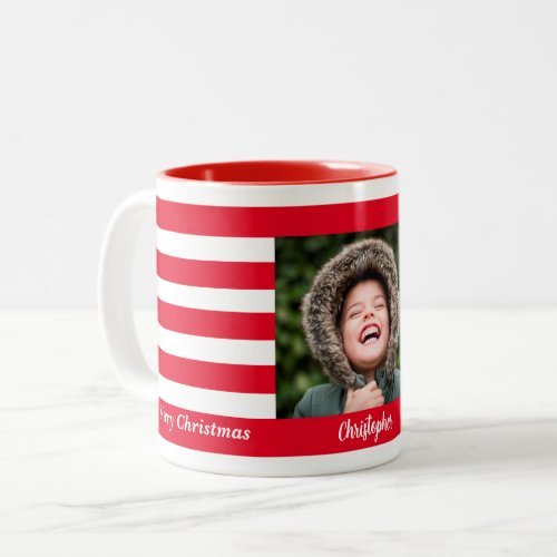 Red Stripe Holiday Photo Collage  Two_Tone Coffee Mug