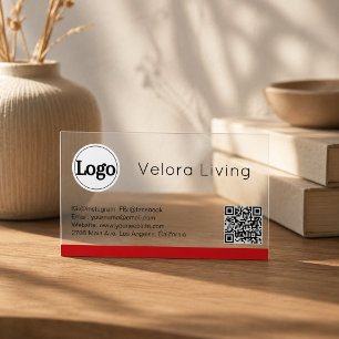 Red Stripe Modern Professional Logo QR Code Clear Business Cards