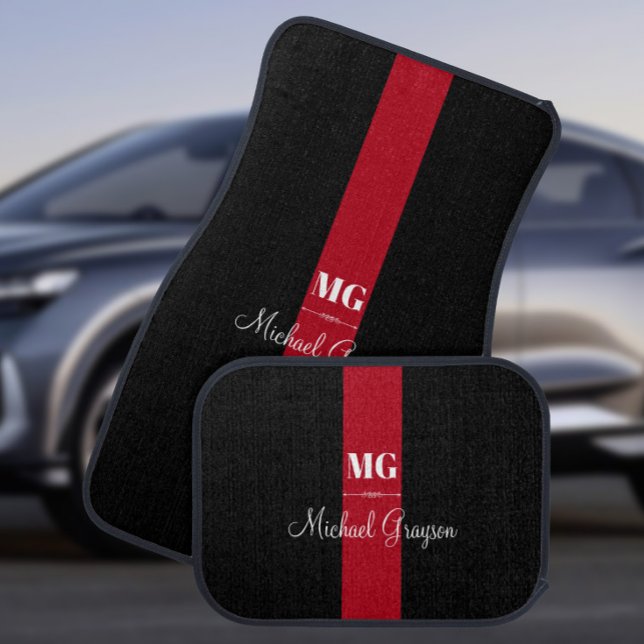 Red Stripe Monogram and Name, Car Floor Mat (Creator Uploaded)