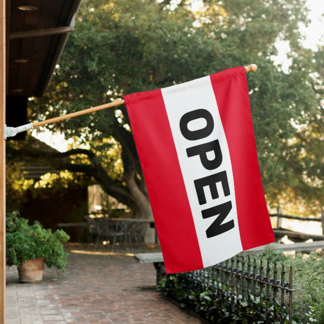 Red Stripe Open Sign Flag (In SItu)