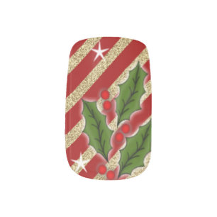 Red Stripe Pattern Holly Christmas Nail Art