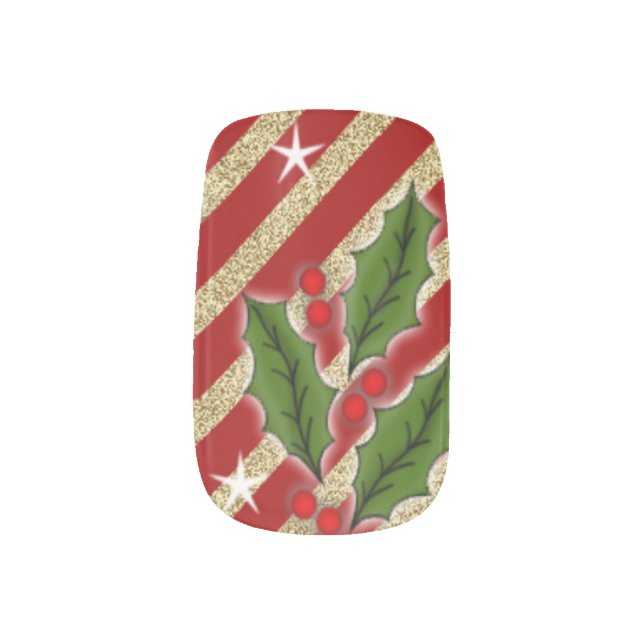 Red Stripe Pattern Holly Christmas  Nail Art (Right Thumb)