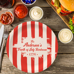 Red Stripe White & Blue Family Name Barbecue Paper Plates