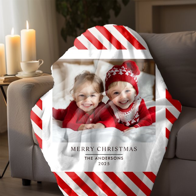 "Red Stripe with Photo Merry Christmas and Name  Sherpa Blanket (Creator Uploaded)