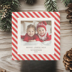 "Red Stripe with Photo Merry Christmas and Name Stone Coaster