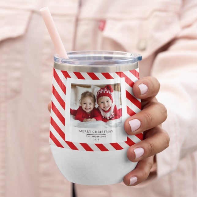 "Red Stripe with Photo Merry Christmas and Name  Thermal Wine Tumbler (Creator Uploaded)