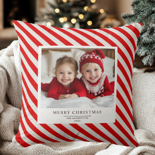 Red Stripe with Photo Merry Christmas and Name Throw Pillow