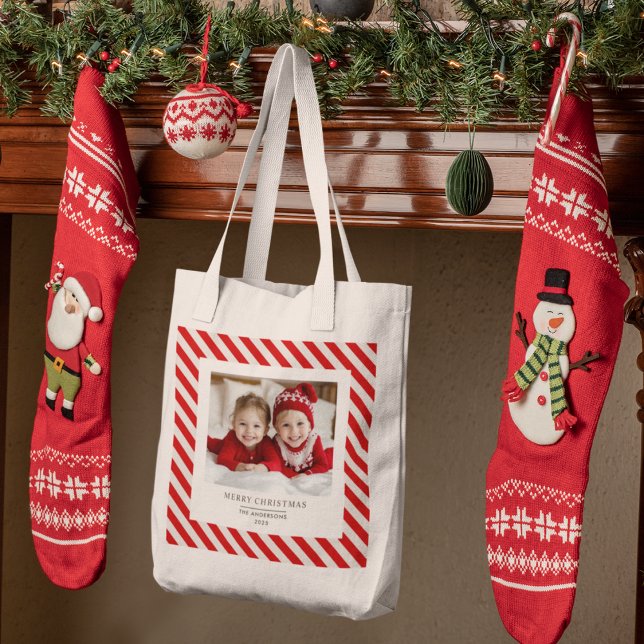 "Red Stripe with Photo Merry Christmas and Name  Tote Bag (Creator Uploaded)