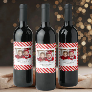 "Red Stripe with Photo Merry Christmas and Name Wine Label