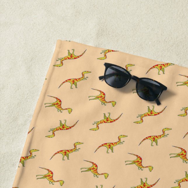 Red stripe yellow dinosaurs pattern beach towel (In Situ)
