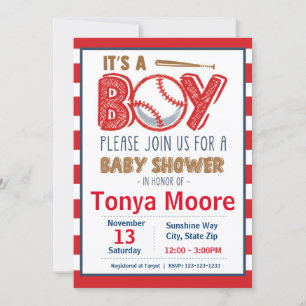 Red Striped Baseball Baby shower Invitation