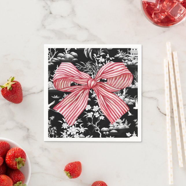 Red Striped Bow Chinoiserie Preppy Napkin (Insitu)