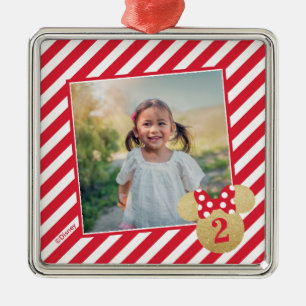 Red Striped Glitter Minnie Icon with Photo Metal Ornament