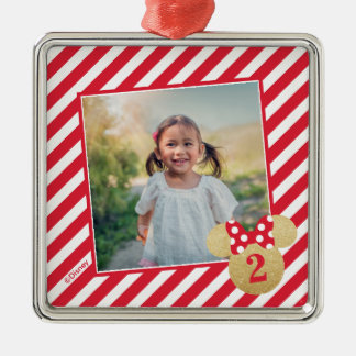 Red Striped Glitter Minnie Icon with Photo Metal Ornament
