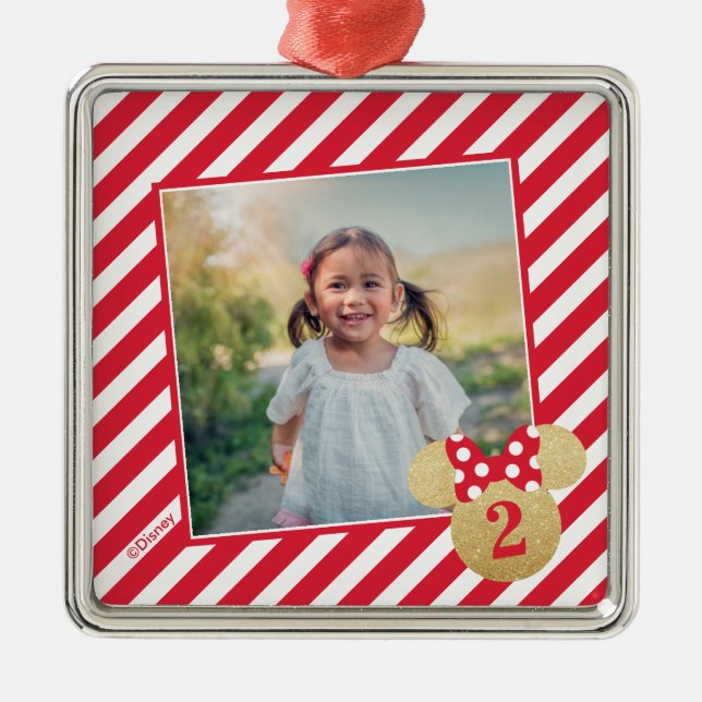 Red Striped Glitter Minnie Icon with Photo Metal Ornament (Front)