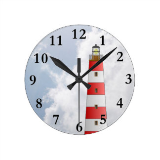 Beach Themed Wall Clocks | Zazzle - Red Striped Lighthouse in the Clouds Beach Theme Round Clock