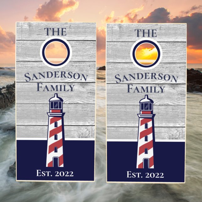 Red  Striped Lighthouse Nautical Navy Blue Gray Cornhole Set (Creator Uploaded)