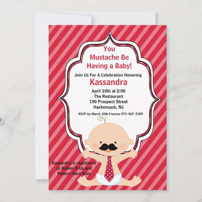 Red Striped Mustache Baby Shower Invitation (Front)