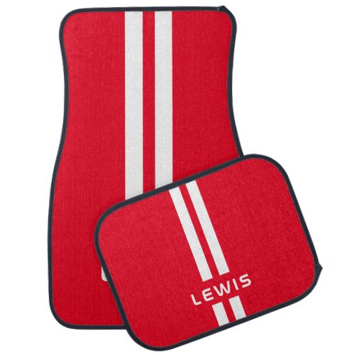 Red Striped Personalised car floor mat with name