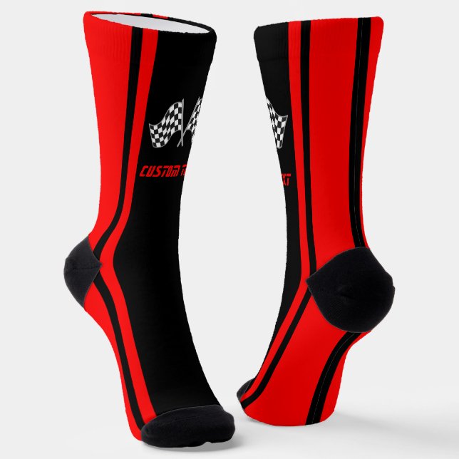 Red Striped Racing Car Flags - Personalized Socks (Angled)
