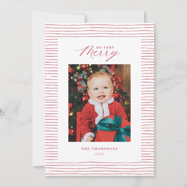 Red Striped So Very Merry Photo Christmas Card (Front)
