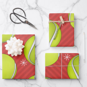 Red Striped Tennis Christmas Balls & Snowflakes  Wrapping Paper Sheets