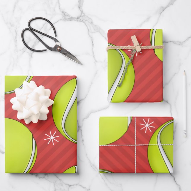 Red Striped Tennis Christmas Balls & Snowflakes  Wrapping Paper Sheets (Front)
