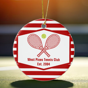 Red Striped Tennis Custom Country Club Christmas Ceramic Ornament