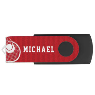 Red Striped Tennis Racket & Ball Player Coach Kids Flash Drive