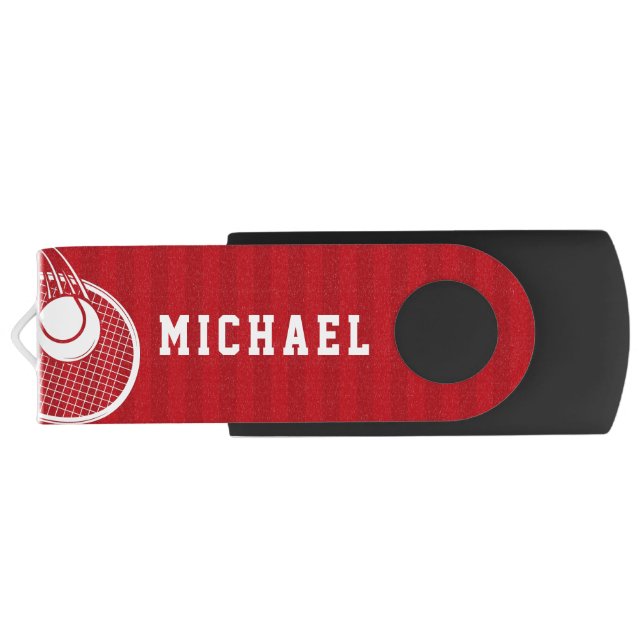 Red Striped Tennis Racket & Ball Player Coach Kids Flash Drive (Back)