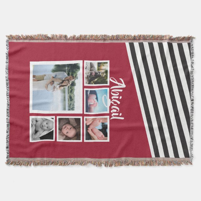 Red Striped Unique Personalized Photo Collage Throw Blanket (Front)