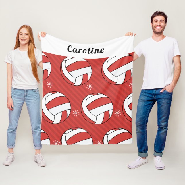 Red & Striped Volleyball Ball Pattern Kids Name Fleece Blanket (In Situ)