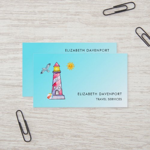 Red Striped Watercolor Lighthouse Business Card