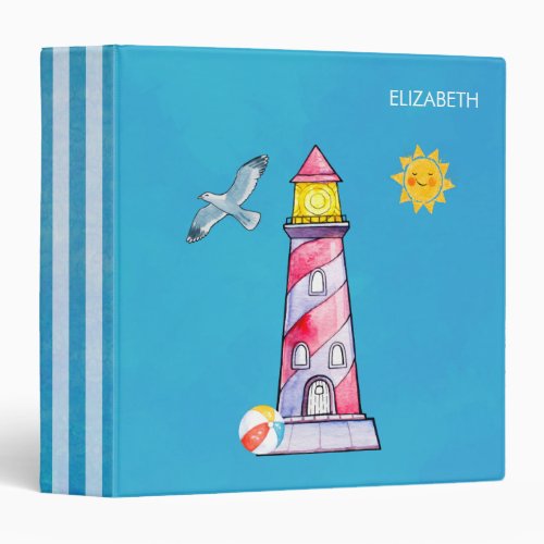 Red Striped Watercolor Lighthouse Custom 3 Ring Binder
